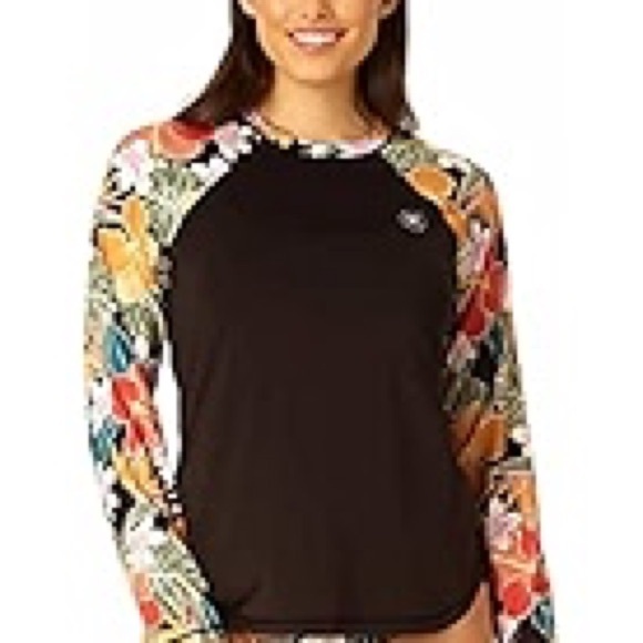 HURLEY Women’s Black Colorful Tropical Floral Surf Rash Guard. UPF 50+, NWT - Picture 2 of 5